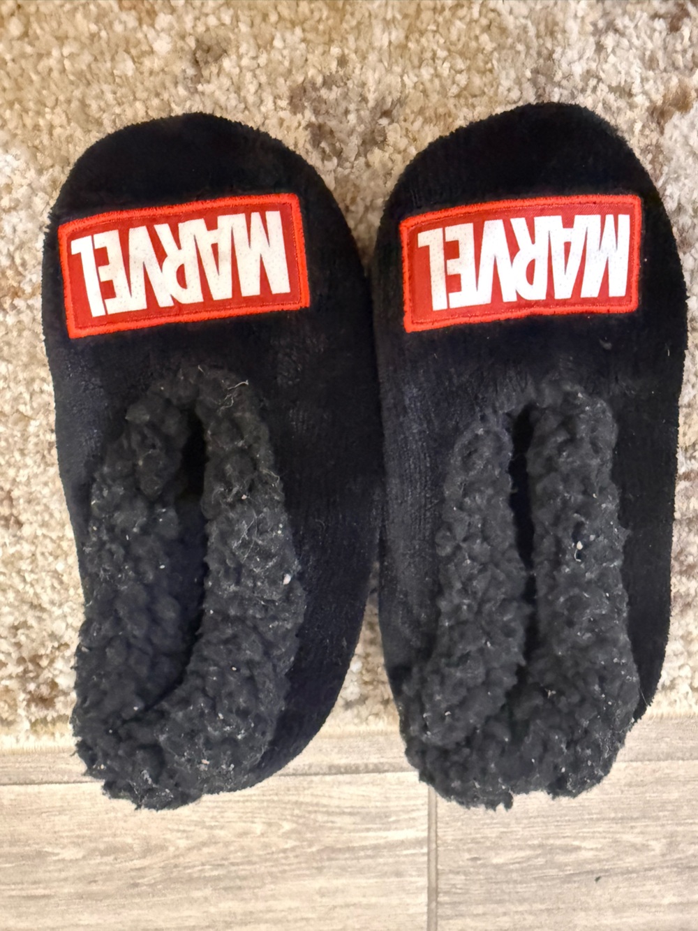 Marvel Kids Black Slip-On Plush Slippers with Red Logo